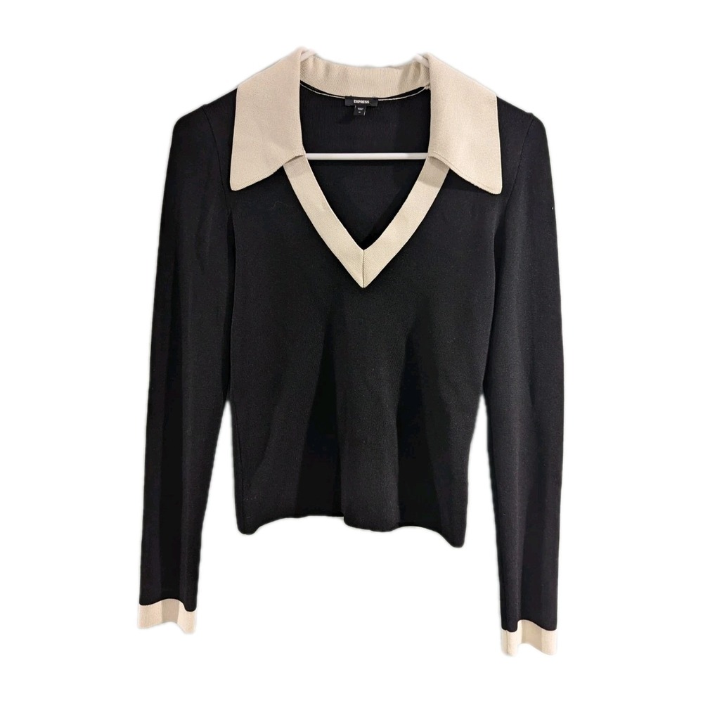 Express Ponte Blouse Black Cream Collar & Cuff Y2K 90s Style Preppy Womens M